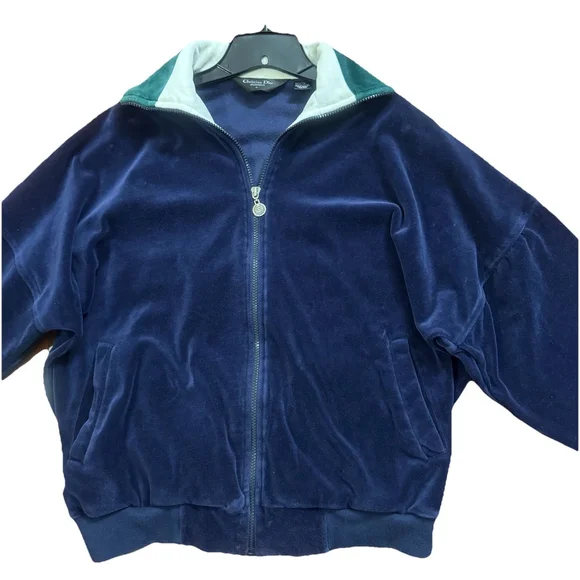 Vtg Christian Dior Monsieur Velour Track Jacket Size:L Navy Blue Logo Zip Retro